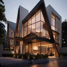 a large house with large glass windows and an open patio