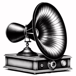 a black and white drawing of an old fashioned speaker on top of a record