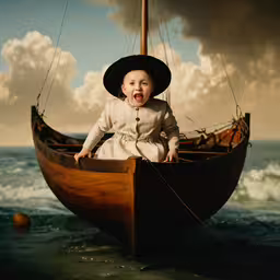 a small girl wearing a hat standing on the front end of a boat,a child on a boat with his mouth open