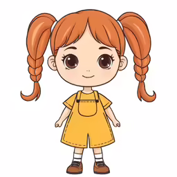 a little girl with red hair wearing a yellow dress and brown shoes