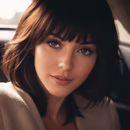 an attractive woman looking to her right in the back seat