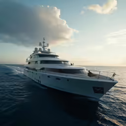 white yacht with many people aboard is sailing through open water