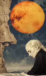 a painting of a blonde woman looking at a yellow moon