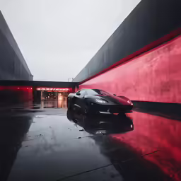 the sleek car is parked in the dark and red area