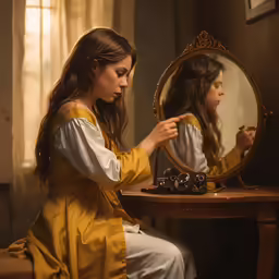 a woman in a yellow dress combing her long hair
