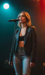 a woman singing on stage in front of microphone