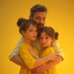 a man poses with two little girls in yellow shirts