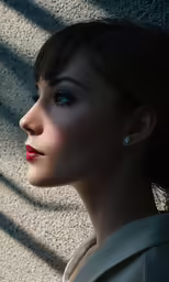woman wearing blue eyeliner, red lipstick and matching earrings
