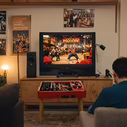 a man sitting in front of a tv watching a movie