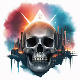 a skull with a pyramid behind it is surrounded by smoke