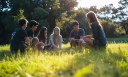 four people sitting in the grass, one talking to someone