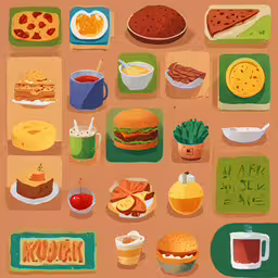 many images of food and beverages arranged in a picture,a bunch of food is sitting on a table