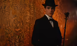 a man wearing a black tuxedo standing next to a wall with a pipe