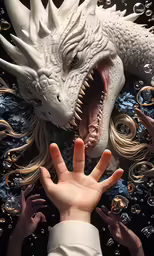 hands reaching out towards the head of a dragon
