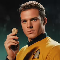 man in star trek uniform holding cookie to ear
