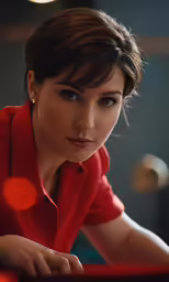a women with a red shirt and black hair