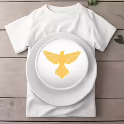 a plate with yellow ink painted on it in front of a t - shirt and bird wings