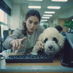a woman and her dog looking at the computer keyboard