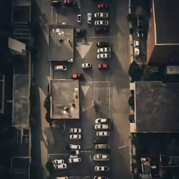 a aerial view of a parking lot with lots of cars