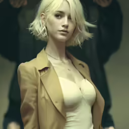 a young blond woman in a tan suit posing