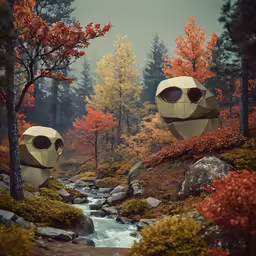 a painting of two faces in the middle of a forest