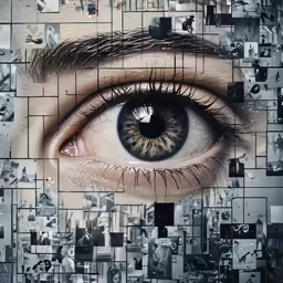 an eye that is on a square background with multiple photos
