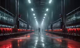 two people walk through an empty bus station