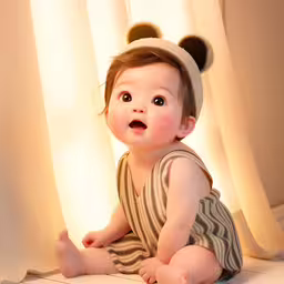 a baby boy sitting on his stomach wearing a shirt and headband,a small baby sitting in front of a window wearing a headband