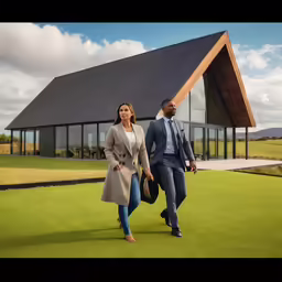 a couple walks down the grass towards a building