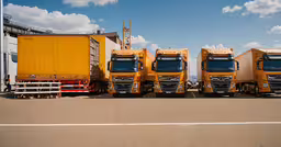 four large trucks parked in a row with their trailer,several yellow semi trucks lined up on a road