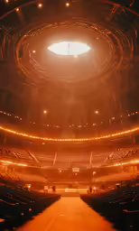 the stage lights shine on a large, empty arena