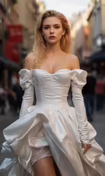a beautiful woman wearing a white dress and high slits