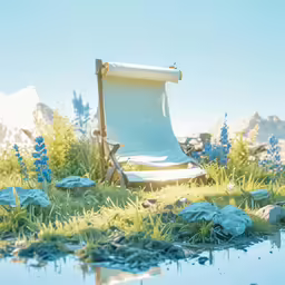 an empty chair sits in the grass near a body of water