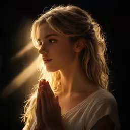 a beautiful woman in a white shirt is praying