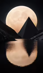 a photograph taken of a large moon with a pyramid in the distance