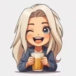 the anime girl is smiling with her beer