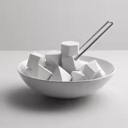 a bowl full of white cubes with an object standing above