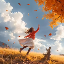 a woman leaping in a field to catch leaves