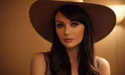 the woman in the hat is posing for the camera