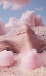 a woman laying down in the sand and looking up