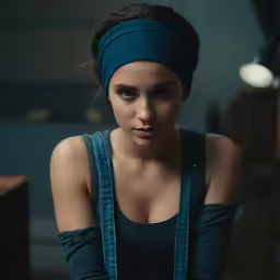 a woman is wearing a turban and looking directly into the camera