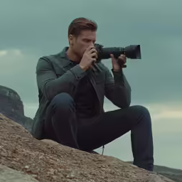a man holding a camera sitting on top of a mountain
