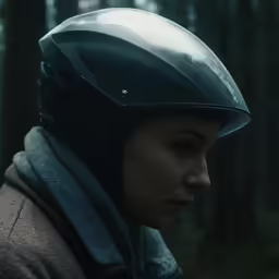 a woman wearing a helmet looking at something