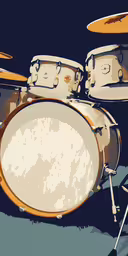 two drums and one drumhead sit in front of an abstract dark background,an abstract photo of drum kits with two heads