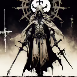 a person standing with two swords near some large things