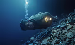 a man with a glowing face underwater