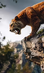 a large tiger stands on top of a tree