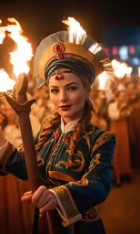 a woman dressed in costume and holding an old stick