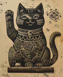 cat on the floor with an open mouth with its paws raised,the painted cat is sitting on the table