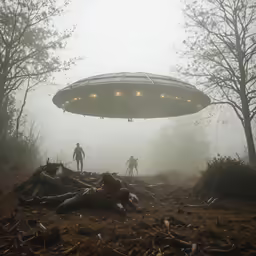 two people standing next to a big object in the fog